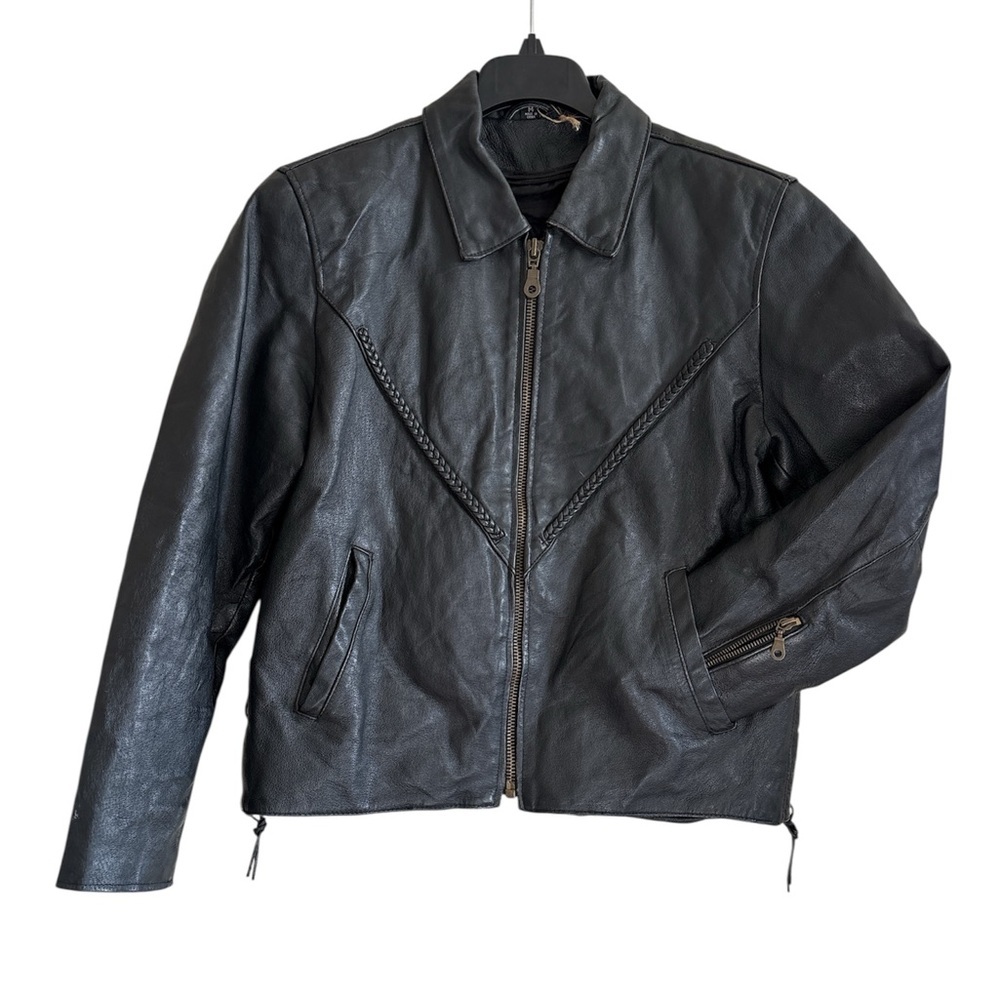 Vintage Leather Jacket Biker Black Braided Motorcycle Women’s Size M Crop Corset